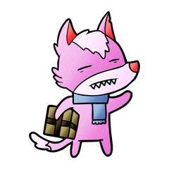 cartoon wolf with a gift