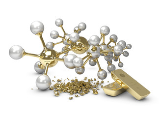 3d Illustration of Molecule of gold with gold bars, isolated white