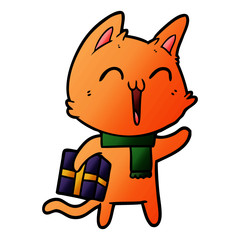 happy cartoon cat with christmas gift