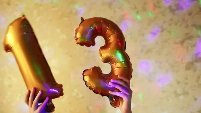 Happy 13 birthday, golden balloons with number thirteen