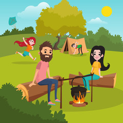 Family with kids camping in park. Girl playing with kite. Boy putting up tent. Parents sitting on log near campfire. Nature landscape. Summer outdoor activities. Flat vector