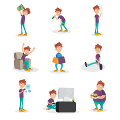 Flat vector set of people with bad habits. Unhealthy lifestyle. Alcoholism, shopping, smoking, dependence of tv, smartphone and video games, drug and fast food addiction