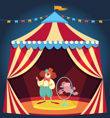 Clown showing performance with poodle dog jumping through hoop. Circus tent decorated with colorful bunting. Entertainment concept. Flat vector design