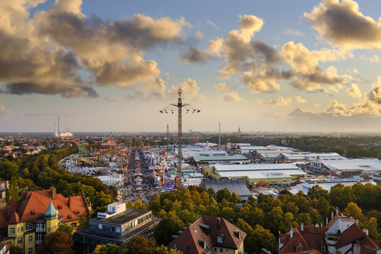 View of Oktoberfest fair on Theresienwiese, Munich, Bavaria, Germany