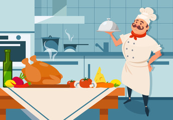 Cartoon chef character holding silver dish in hand. Restaurant s kitchen interior with furniture and utensils. Fresh food ingredients on wooden table. Flat vector design