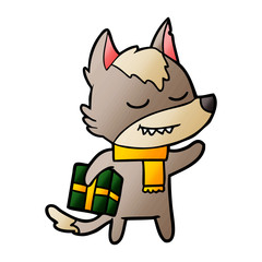 friendly cartoon wolf carrying christmas present