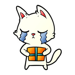 crying cartoon cat holding christmas present