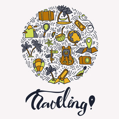 Summer and beach hand draw icon concept. Travel summer icons collection in round form with cartoon decorative elements. Coconut, surfing boat, sand, ice cream elements. Happy summer vacation icon