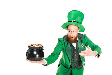 leprechaun in green suit presenting pot of gold, isolated on white