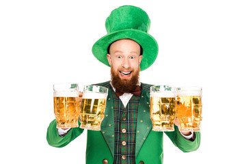 excited leprechaun celebrating st patricks day with glasses of beer, isolated on white