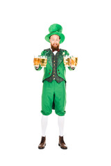 leprechaun celebrating st patricks day with glasses of beer, isolated on white