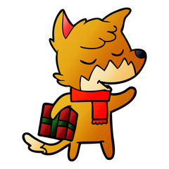 friendly cartoon fox with christmas present