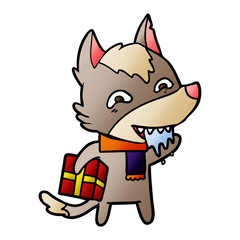cartoon hungry wolf holding christmas present