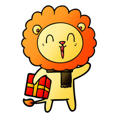 laughing lion cartoon with christmas present