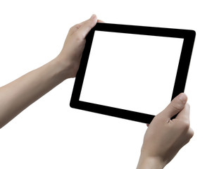 Hand hold digital tablet, cut out on white background