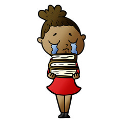 cartoon crying woman with stack of books