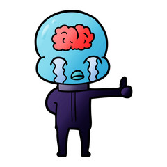 cartoon big brain alien crying but giving thumbs up symbol