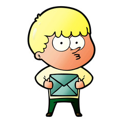 cartoon curious boy carrying a gift