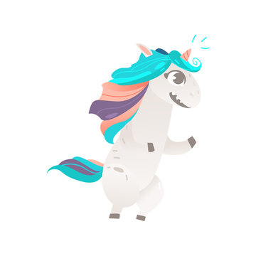 Vector cartoon funny stylized unicorn standing on hind legs with colorful hair and pink horn. Fairy mysterious creature, isolated illustration on a white background