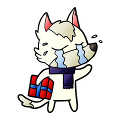 cartoon crying wolf with christmas present
