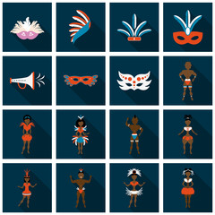 Fototapeta premium Set of Brazilian samba dancers and carnival masks . Vector carnival girls wearing a festival costume is dancing.