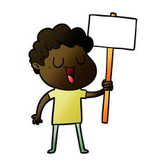 laughing cartoon man with black signpost