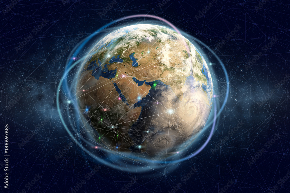 Poster Blockchain technology. Global information network of the planet earth. Financial and communication security. Elements of this image furnished by NASA