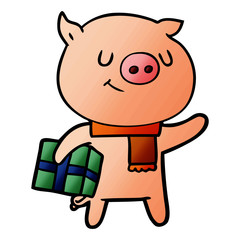 happy cartoon pig with christmas present