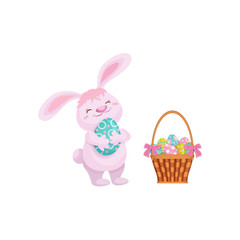 vector cartoon hand drawn stylized hare, rabbit character holding easter decorated egg smiling near wicker basket with flowers. Isolated illustration on a white background. Easter and spring symbols.