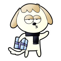 cartoon bored dog with christmas present