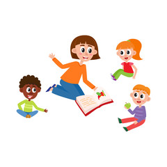 vector flat kids - boys and girls sitting around young woman with book - teacher and listening to her attentively with interest. Isolated illustration on a white background. Kindergarten concept
