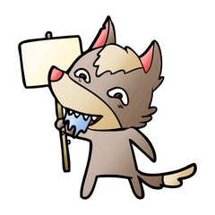 cartoon hungry wolf with sign post