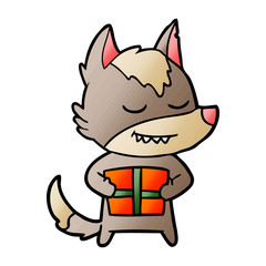 friendly cartoon wolf carrying christmas present