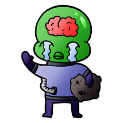 cartoon big brain alien crying and waving goodbye