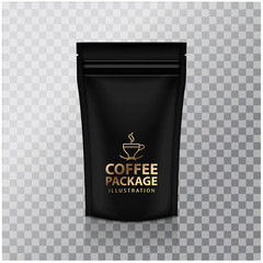 Blank Black Foil Coffee Doy Pack Pouch Sachet Bag Packaging with Zipper. Vector Isolated Mock up temlate