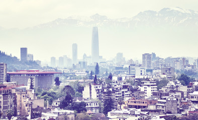 Color toned picture of Santiago de Chile downtown covered by smog, Chile.