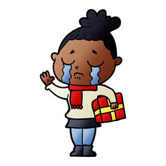 cartoon crying woman with christmas gift