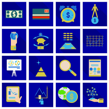 Set of business simple icons. Economic concept in flat style with long shadow