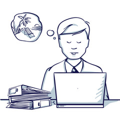 Young business man sitting at the table, next to his laptop and dreams of a vacation. Hand drawn doodle cartoon vector illustration..