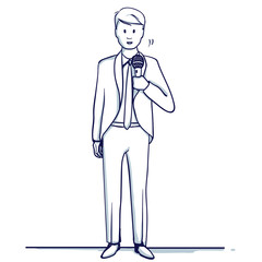 Young business man stands with a microphone. He sings or speaks. Hand drawn doodle cartoon vector illustration..