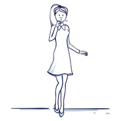 Young business woman stands. She coughs, fell ill. Hand drawn doodle cartoon vector illustration..