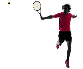 Fototapeta na wymiar one caucasian hispanic tennis player man in studio silhouette isolated on white background