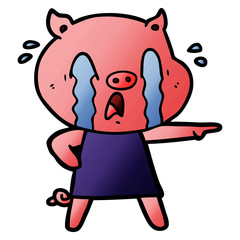 crying pig cartoon wearing human clothes