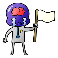 cartoon crying big brain alien waving a flag