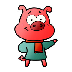 happy cartoon pig wearing warm clothes