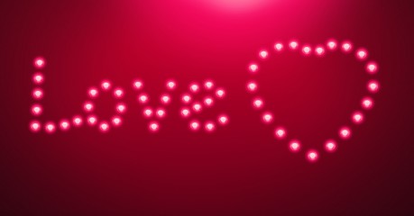 Love text and Glowing neon heart light bulbs