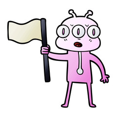 cartoon three eyed alien waving flag