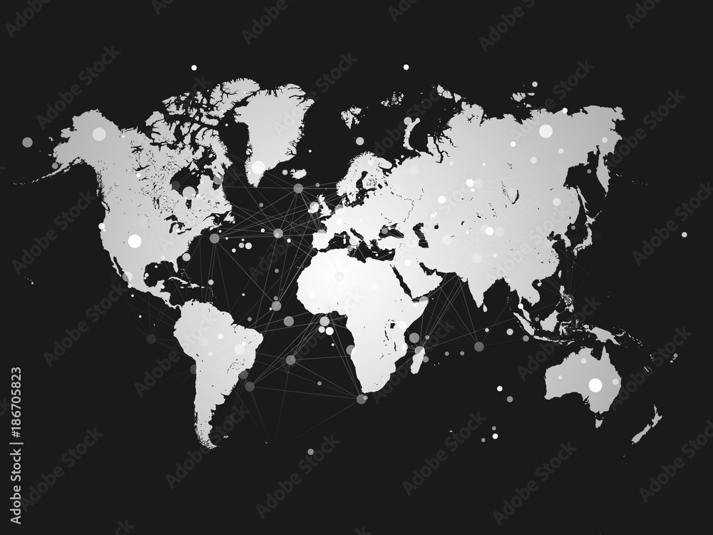 Aufkleber world map silhouette with connection grid - vector illustration background - network concept design