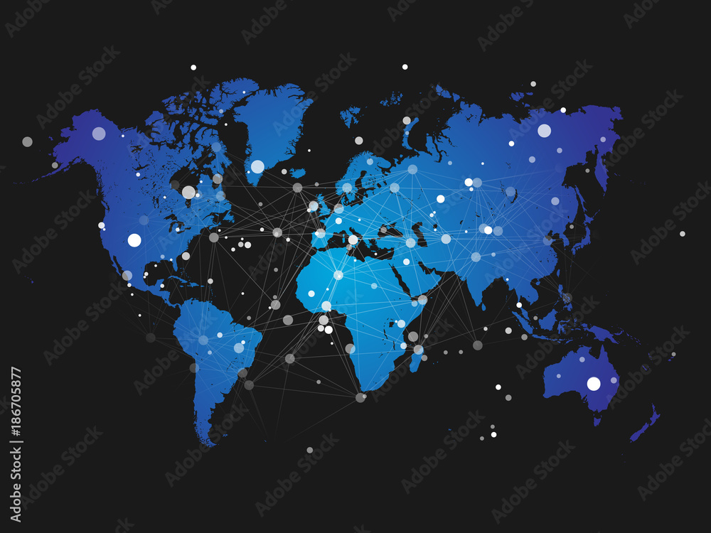 Aufkleber world map silhouette with connection grid - vector illustration background - network concept design