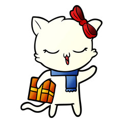 cartoon girl cat with christmas present